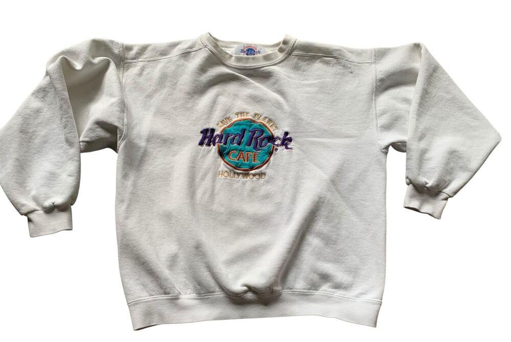 HARD ROCK CAFE HOLLYWOOD LOGO WHITE EMBROIDERED SWEATSHIRT sz UNISEX L USA VTG Y